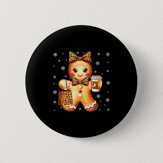Coquette Cute Gingerbread Leopard Bow Christmas Gi Button (Front)