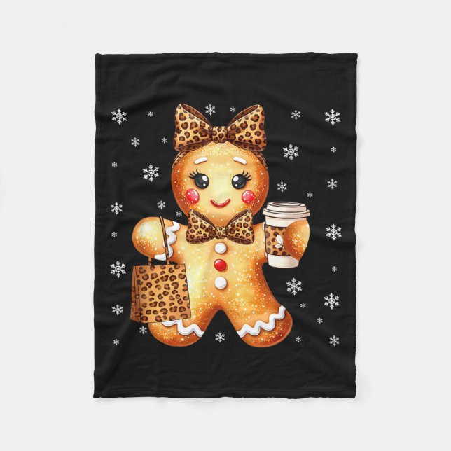 Coquette Cute Gingerbread Leopard Bow Christmas Gi Fleece Blanket (Front)