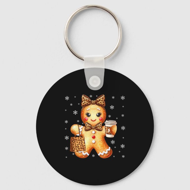 Coquette Cute Gingerbread Leopard Bow Christmas Gi Keychain (Front)
