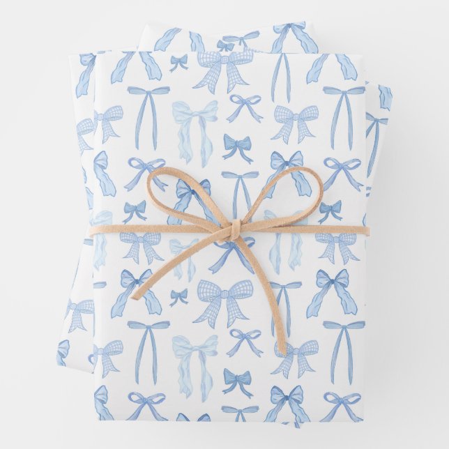 Coquette Feminine Blue Bows & Ribbons Wrapping Paper Sheets (In situ)