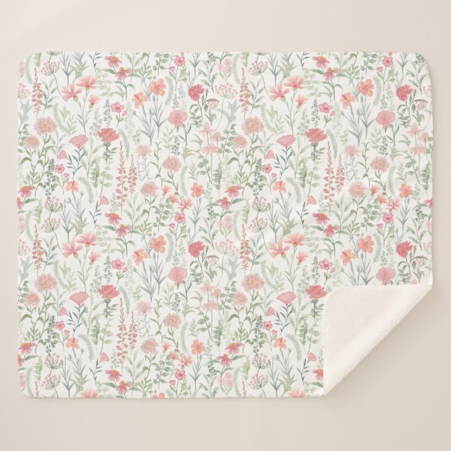 Coquette Feminine Pink Wildflower Meadow Sherpa Blanket (Front (Horizontal))