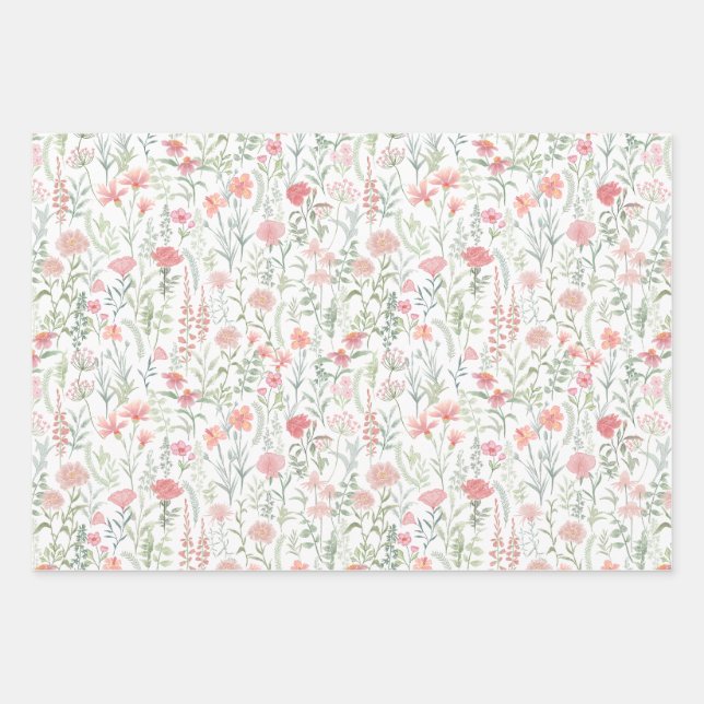 Coquette Feminine Pink Wildflower Meadow Wrapping Paper Sheets (Front)
