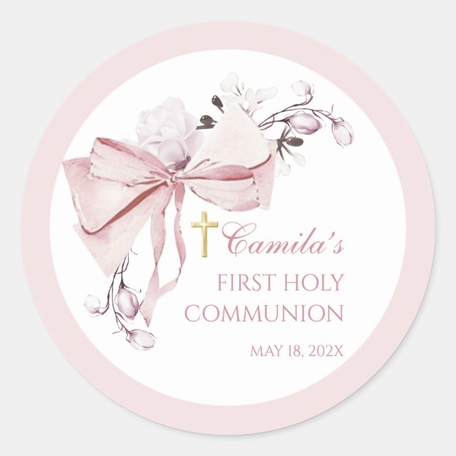 Coquette First Holy Communion Favor Classic Round Sticker (Front)