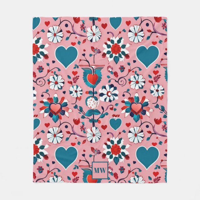 Coquette, floral and heart motif monogram fleece blanket (Front)