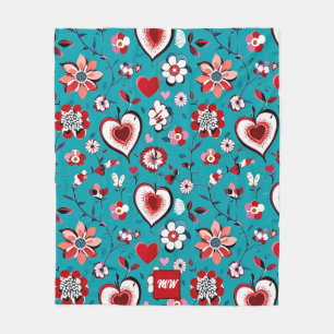 Coquette, floral and heart teal red monogram fleece blanket
