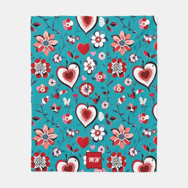 Coquette, floral and heart teal red monogram  fleece blanket (Front)