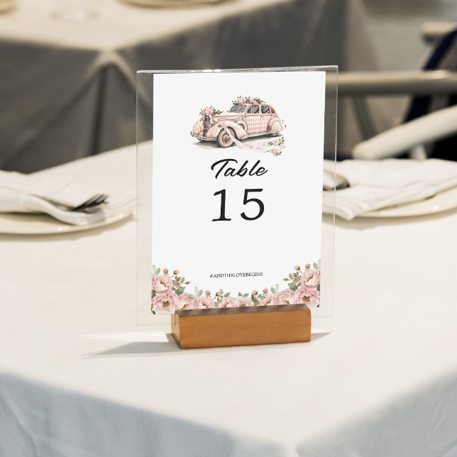 Coquette Floral Blush Pink Retro Car Wedding Table Number (Creator Uploaded)