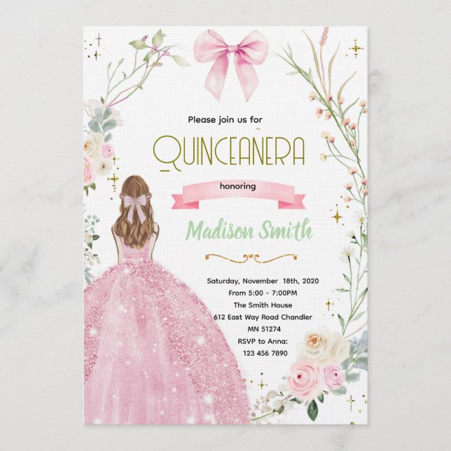 Coquette Floral bow Quinceanera Invitation (Front)