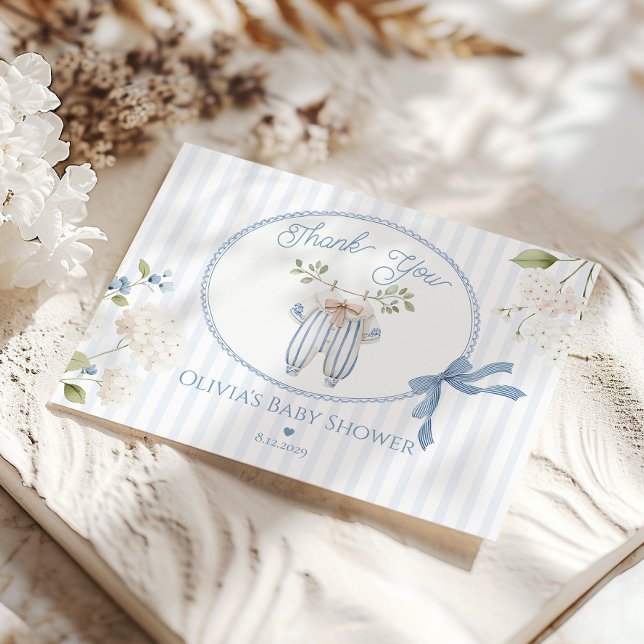 Coquette French Clothesline Baby Boy Shower Thank You Card (Creator Uploaded)