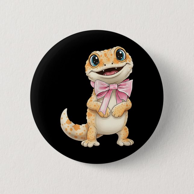 Coquette Gecko with Pink Ribbon Bow Funny Girls Button (Front)