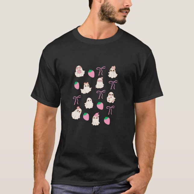 Coquette Ghost Pastel Bows Pink Strawberry Pattern T-Shirt (Front)