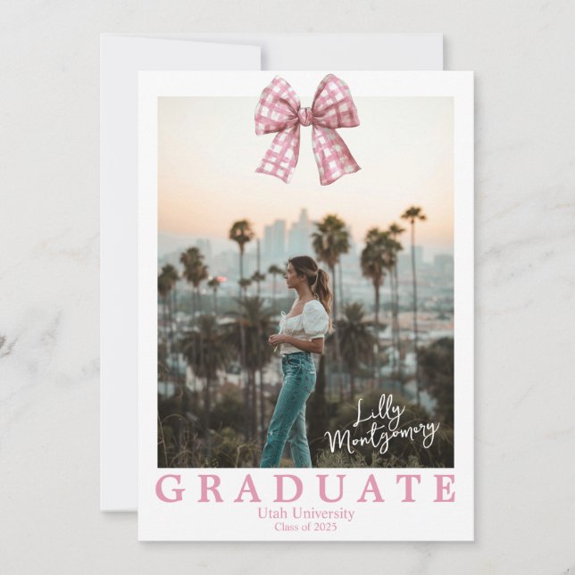 Coquette Gingham Bow Photo Graduation Announcement (Front)