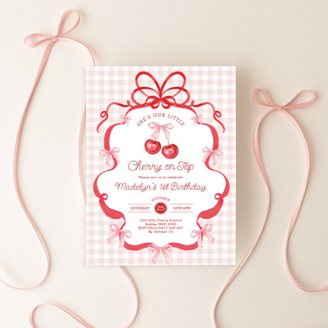 Coquette Gingham Cherry First 1st Birthday Party Invitation (Creator Uploaded)