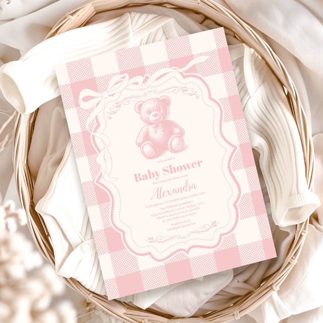 Coquette Gingham French Teddy Bear Baby Shower Invitation (Creator Uploaded)