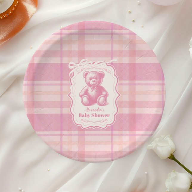 Coquette Gingham French Teddy Bear Baby Shower Paper Plates (Creator Uploaded)
