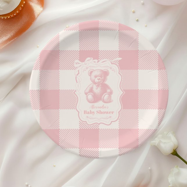 Coquette Gingham French Teddy Bear Baby Shower Paper Plates (Creator Uploaded)