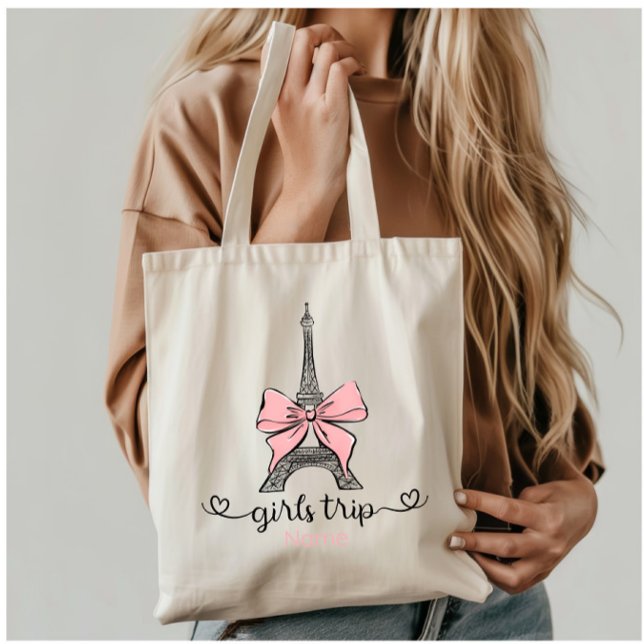 Coquette Girl Trip  Eiffel Tower & Pink Bow Custom Tote Bag (Creator Uploaded)
