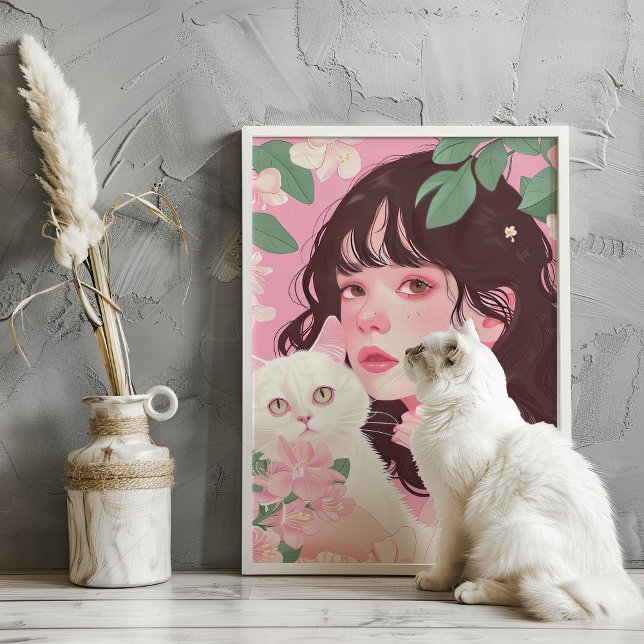 Coquette Girl with White Cat Pink Preppy Art Print (Creator Uploaded)