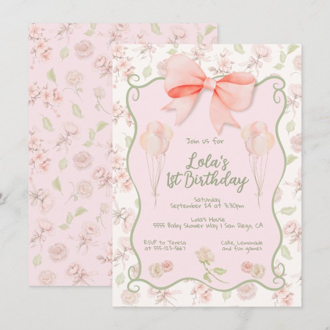 Coquette Girly Pink Bow Toile Birthday Party Invitation (Front/Back)