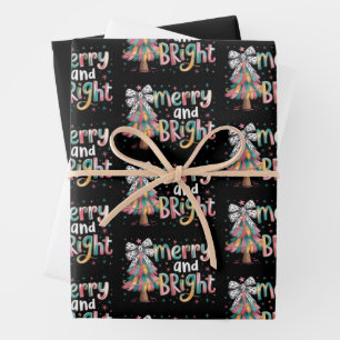 Coquette Glitter Christmas Tree Merry and Bright  Wrapping Paper Sheets
