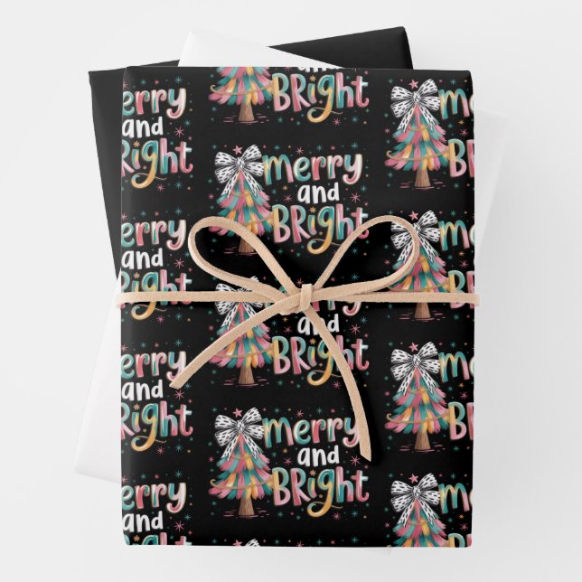 Coquette Glitter Christmas Tree Merry and Bright  Wrapping Paper Sheets (In situ)