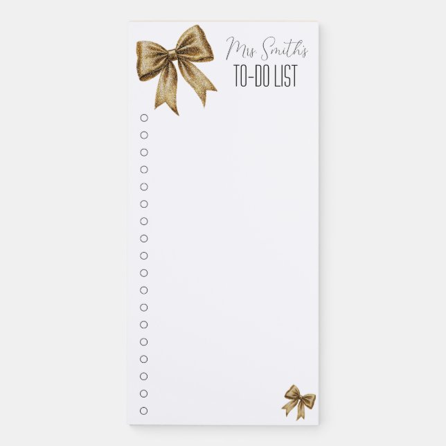Coquette Gold Bow Personalized To-Do List Magnetic Notepad (Front)