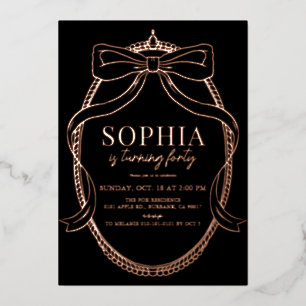 Coquette Gold Bow Ribbon Black Adult Birthday Foil Invitation