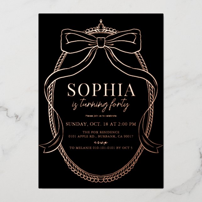 Coquette Gold Bow Ribbon Black Adult Birthday Foil Invitation (Front)