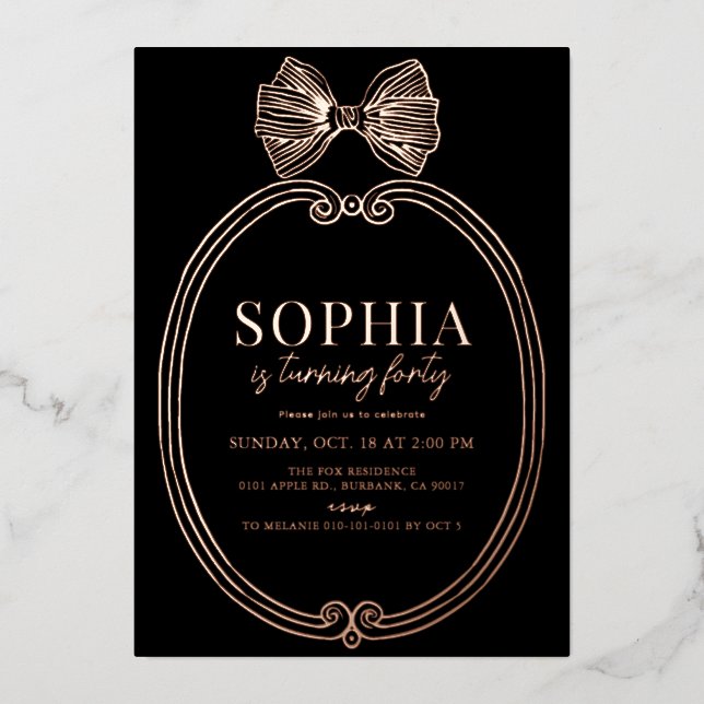 Coquette Gold Bow/Ribbon Black Birthday Foil Invitation (Front)
