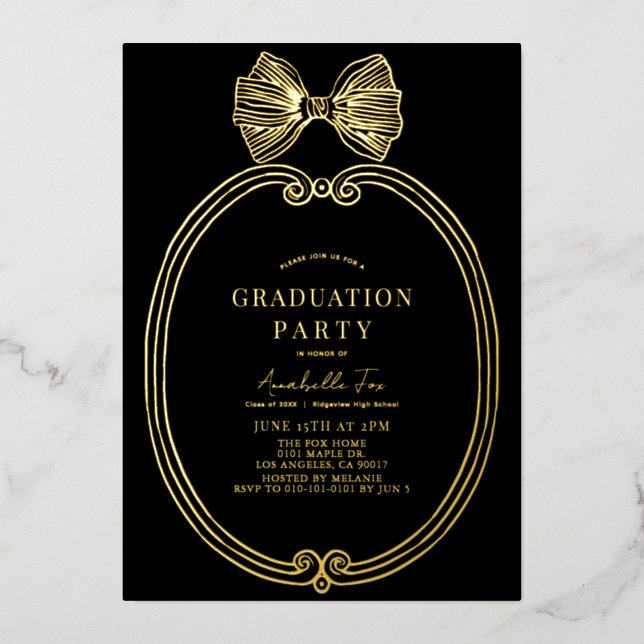 Coquette Gold Bow/Ribbon Black Graduation Party Foil Invitation (Front)