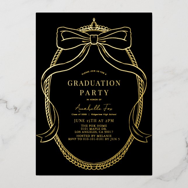 Coquette Gold Bow Ribbon Black Graduation Party Foil Invitation (Front)