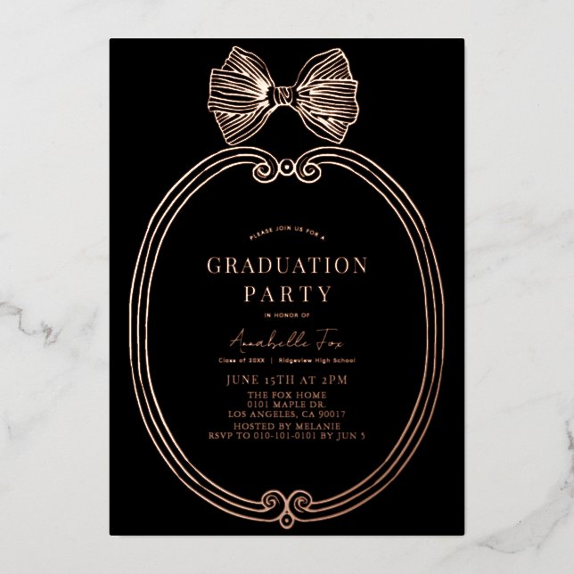 Coquette Gold Bow/Ribbon Black Graduation Party Foil Invitation (Front)