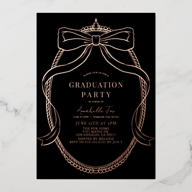 Coquette Gold Bow Ribbon Black Graduation Party Foil Invitation (Front)