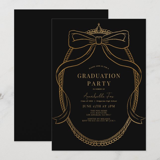 Coquette Gold Bow Ribbon Black Graduation Party Invitation (Front/Back)