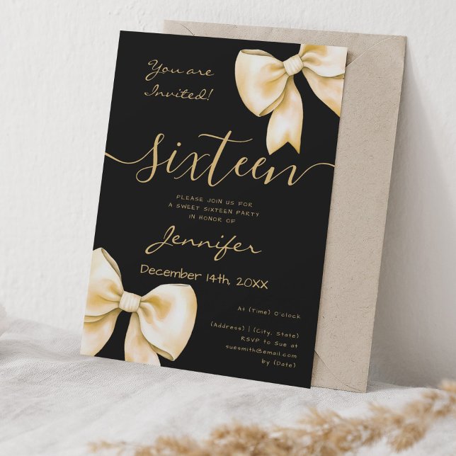 Coquette Gold Bow Sweet 16 Birthday Black Invitation (Coquette Gold Bow Sweet 16 Birthday Black Invitation)