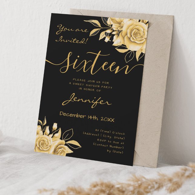 Coquette Gold Sweet 16 Floral Glam Black Invitation (Coquette Gold Sweet 16 Floral Glam Black Invitation)