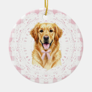 Coquette Golden Retriever Dog Pink Gingham Bows Ceramic Ornament