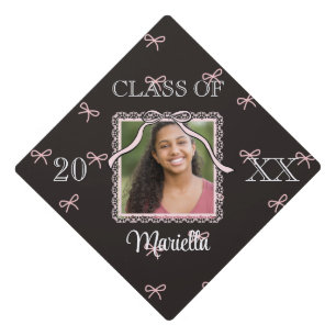 Coquette Graduate Black Bow Name Lace Photo Graduation Cap Topper
