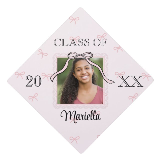 Coquette Graduate Pink Bow Name Lace Photo  Graduation Cap Topper (Front)