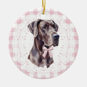 Coquette Great Dane Dog Pink Gingham Bows Ceramic Ornament