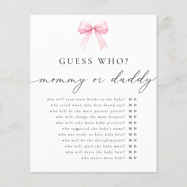 Coquette Guess Who Mommy or Daddy Baby Shower Game (Front)