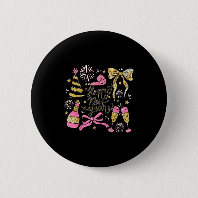 Coquette Happy New Year 2026 Champagne New Year's  Button (Front)