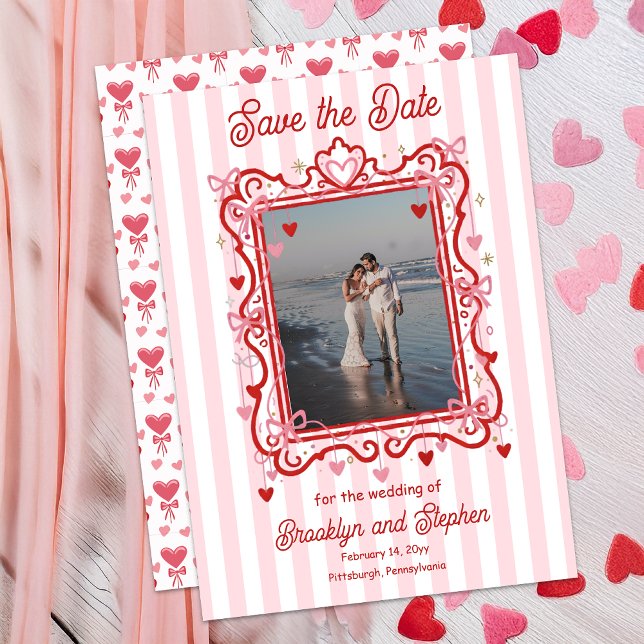 Coquette Hearts & Bows Wedding Save the Date Announcement (Coquette Hearts and Bows Photo Wedding Save the Date Announcement - Print | Digital Download)