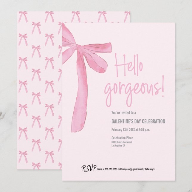 Coquette Hello Gorgeous Pink Bow Galentine’s Day  Invitation (Front/Back)