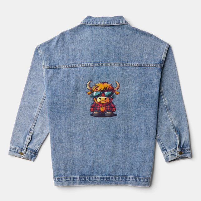 Coquette Highland Cow Bubblegum Tshirt Design, Hol Denim Jacket (Back)