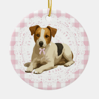 Coquette Jack Russel Terrier Dog Pink Gingham Bows Ceramic Ornament