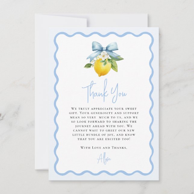 Coquette Lemon Mediterranean Wavy Baby Shower Thank You Card (Front)