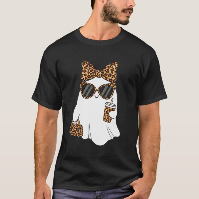 Coquette Leopard Ghost Coffee Boo Halloween Boujee T-Shirt (Front)
