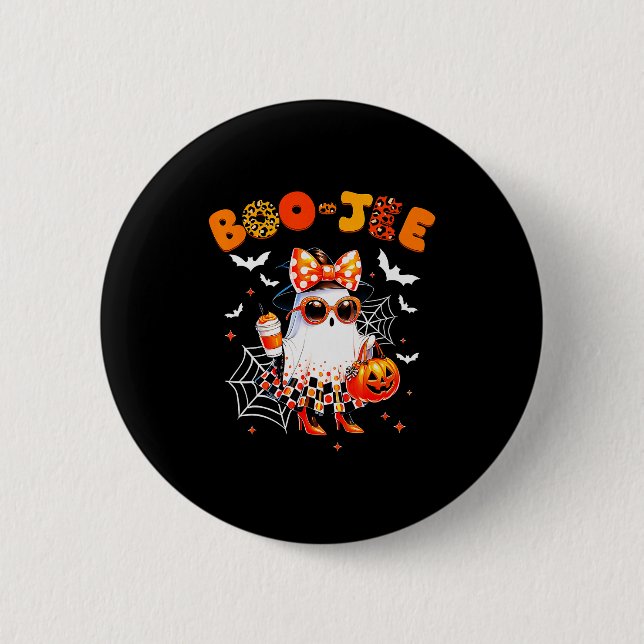 Coquette Leopard Ghost Coffee Boo-jee Halloween Bo Button (Front)