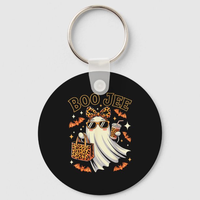 Coquette Leopard Ghost Coffee Boo Jee Halloween Bo Keychain (Front)